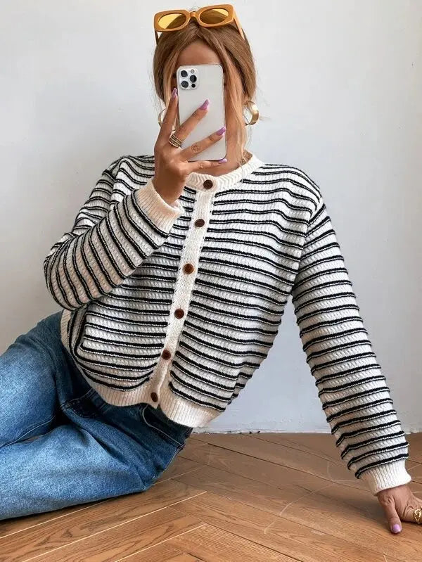 VAIDA | Striped Cardigan with Buttons-Lizabella Fashion