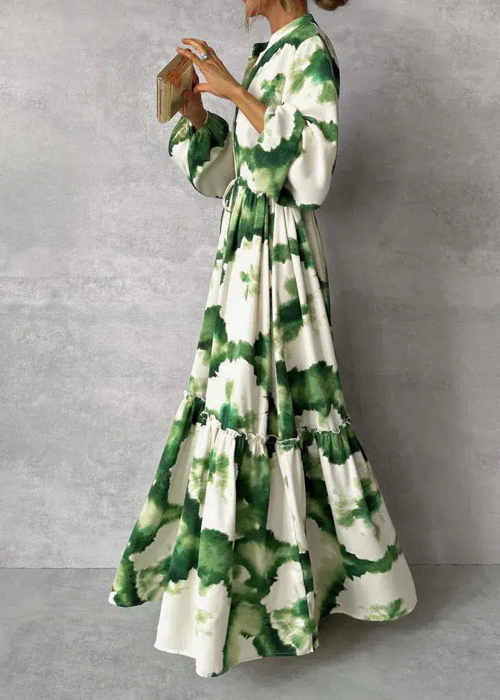 Elna | Green Maxi Dress – Long Sleeves & V-Neck for Effortless Sophistication