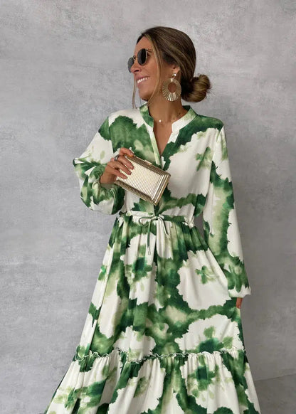 Elna | Green Maxi Dress – Long Sleeves & V-Neck for Effortless Sophistication